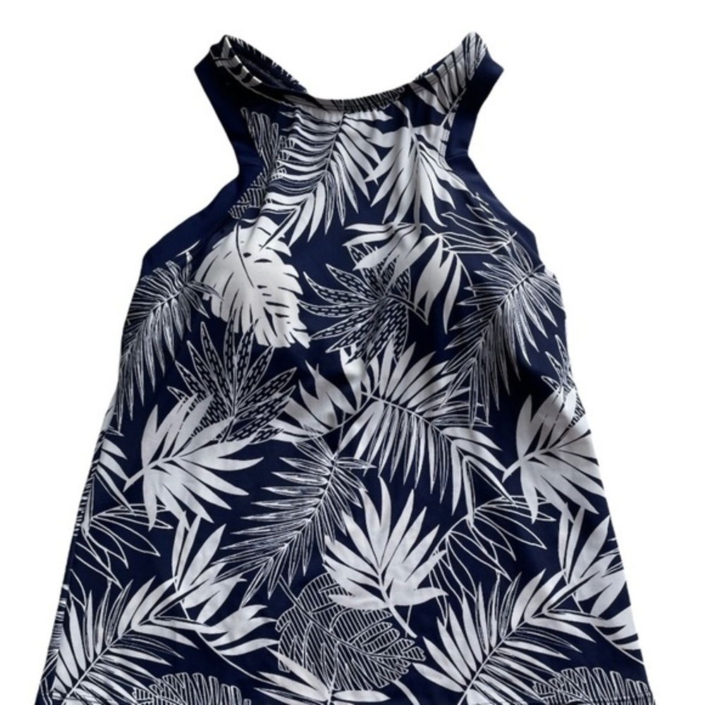 Jantzen Sport Navy‎ White Tropical Palm Leaf High Neck Tankini Swim Top NWT
